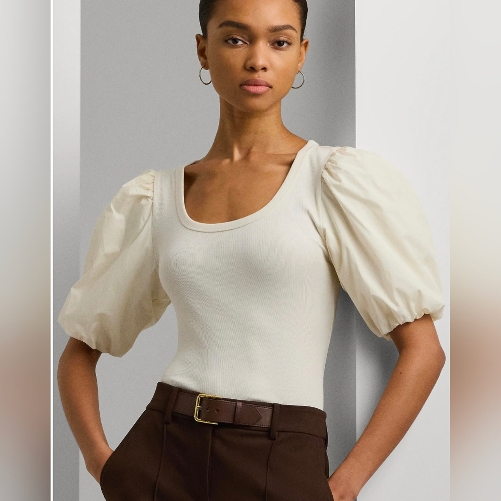 Lauren Ralph Lauren Mixed Media Puff Sleeve Cotton Top Size XXL New